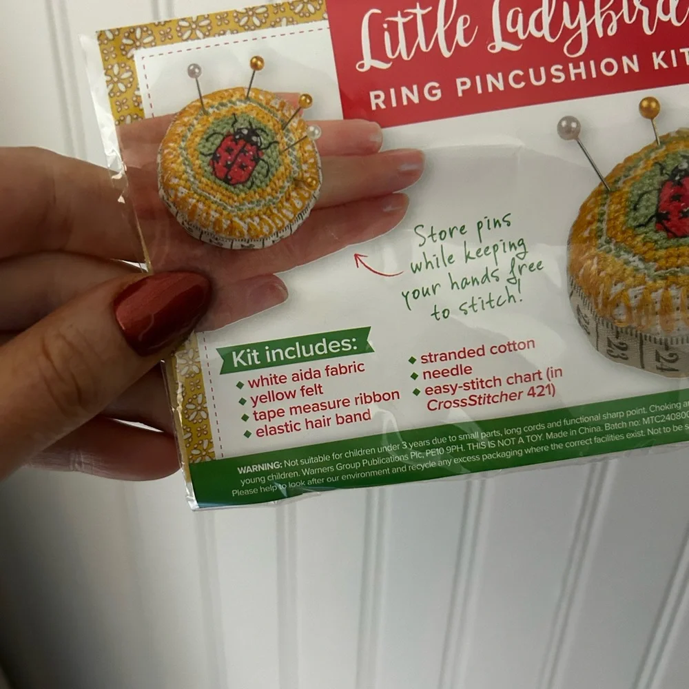 Ring Pincushion Kit Cross Stitch Ladybug Yellow and Red
